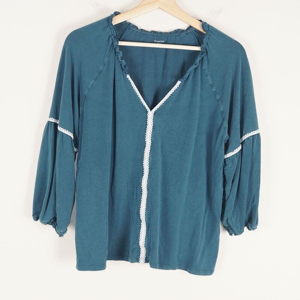Garnet Hill Embroidered Detail Blouson Sleeve Knit Teal Green Top Womens Sz L